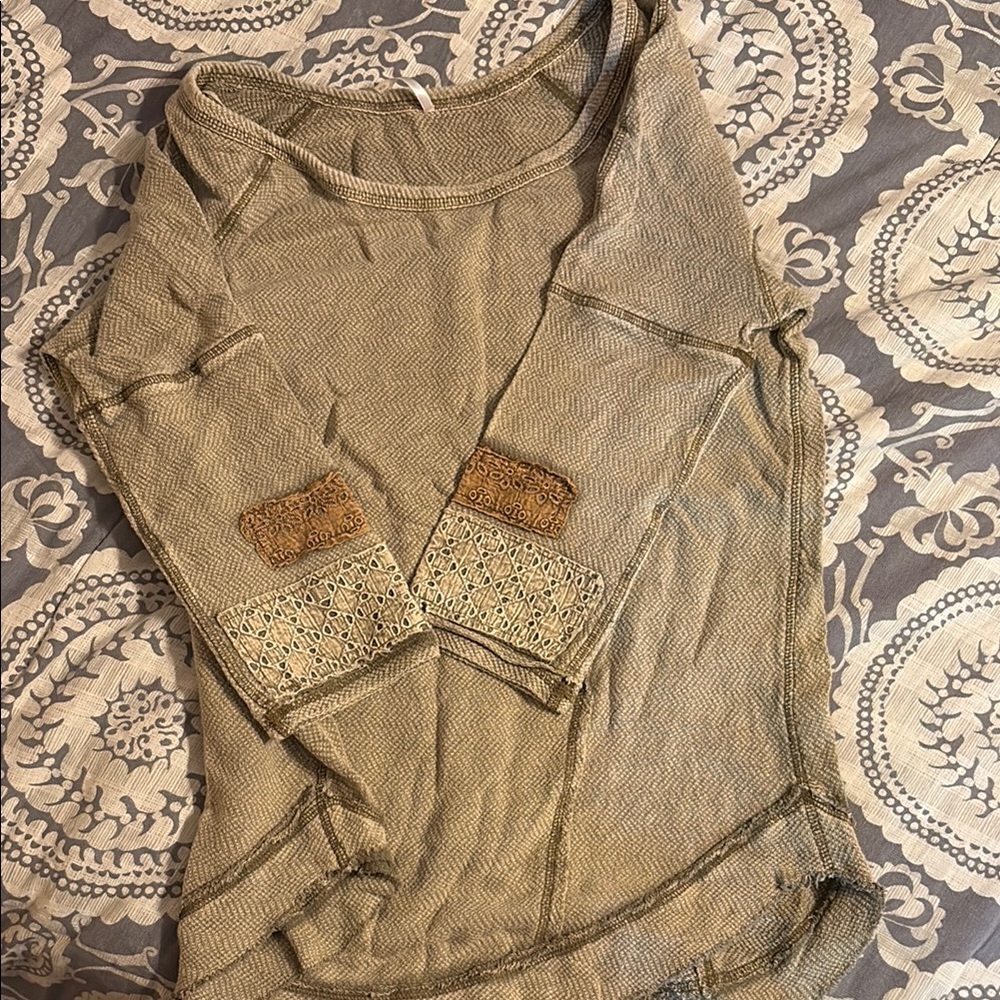 Free People Tan Asymmetrical 3/4 Sleeve Blouse